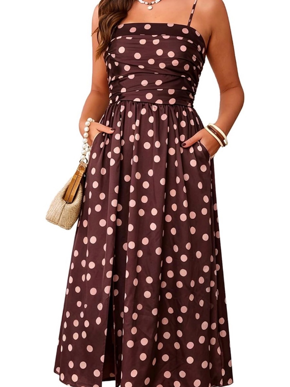 Polka Dot Spaghetti Strap Midi Dress in Brown and Pink